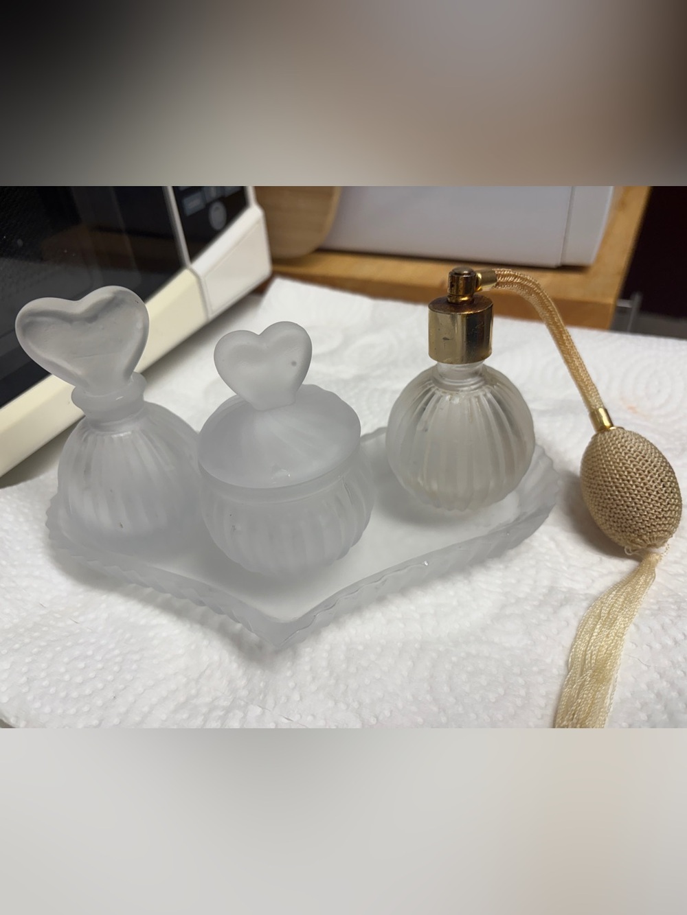 Vintage 60s MCM Frosted Swirled Glass Vanity Set with Matching Heart Shaped Tray